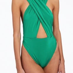 Discount 🎁 Ronny Kobo 👩 women Tara Cross-Front Slinky Jersey Bodysuit in Poison Green ✨
